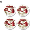 Four white cabinet knobs with red-and-white hospitality kitchen artwork featuring a cozy countertop and CUISINE sign.