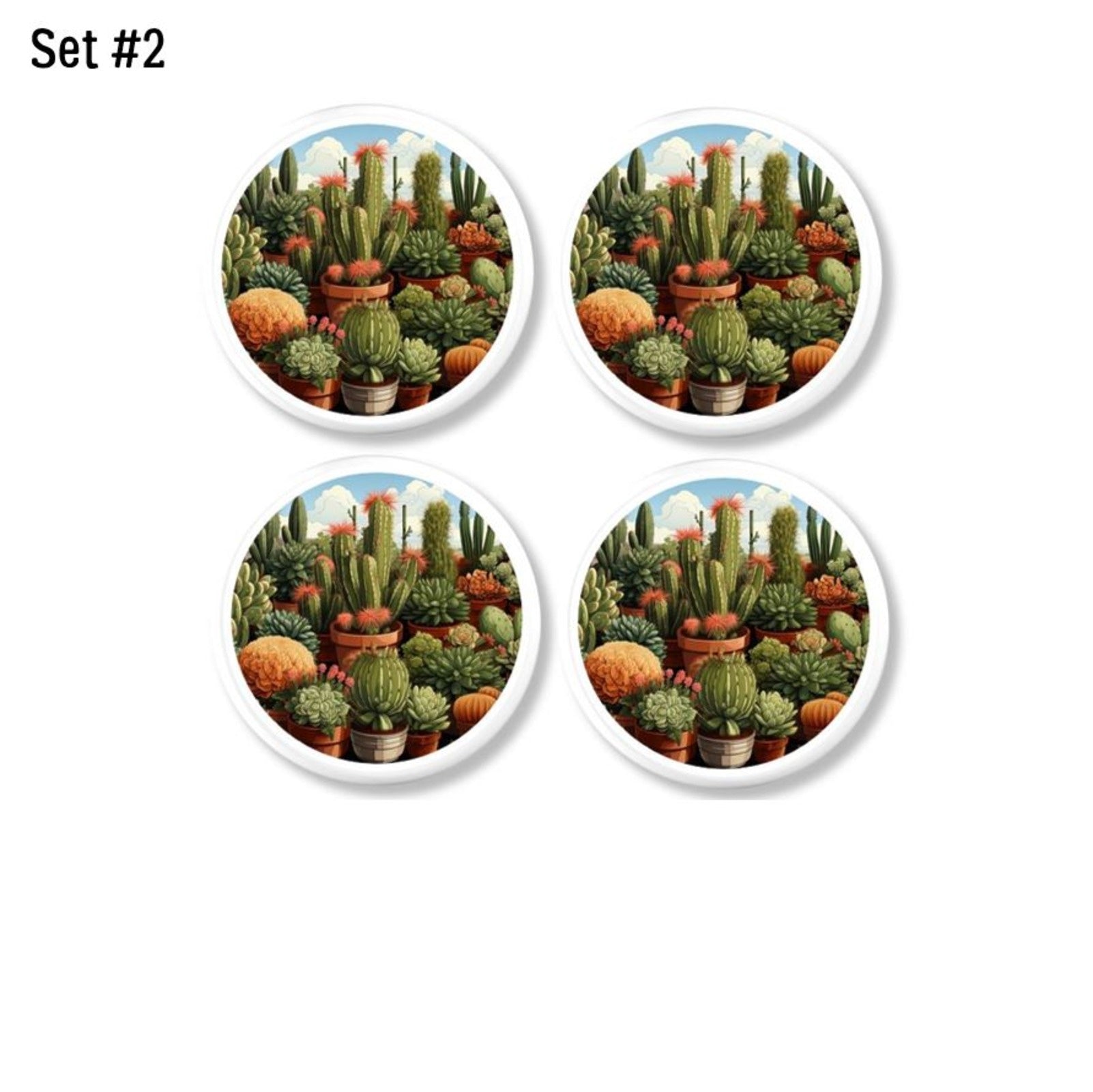 Four handmade furniture knobs with colorful cacti graphic on white. Drawer pulls for Southwestern or Texas boho home decor.