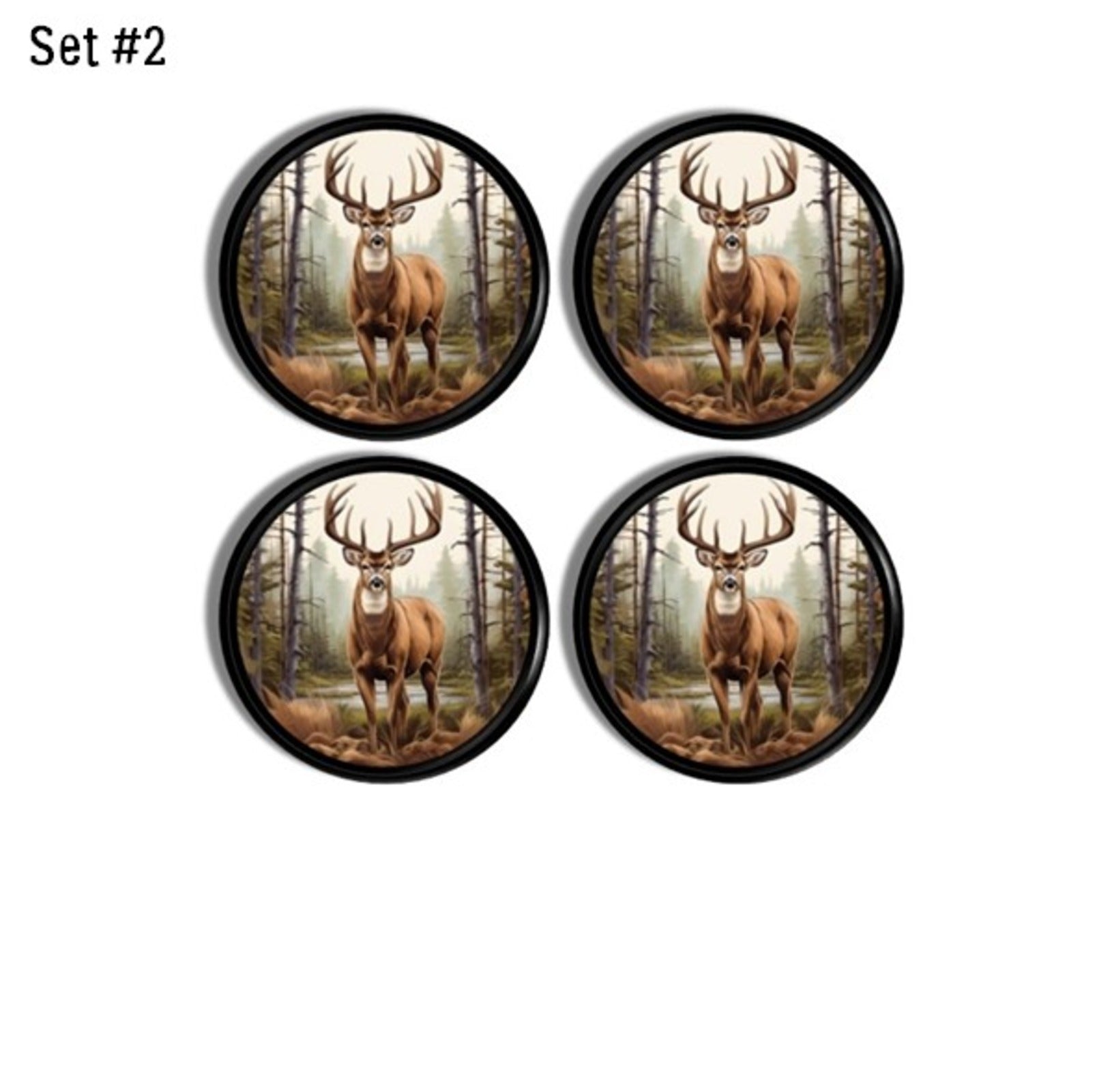 Wildlife style handmade cabinet hardware. Set of 4 knobs or drawer pulls featuring a majestic deer with large antlers in a lush forest, perfect for rustic and lodge-themed interiors.
