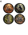 Set of four wildlife cabinet knobs featuring detailed woodland animal designs including fox, bear cub, lynx, and raccoon in warm forest settings.