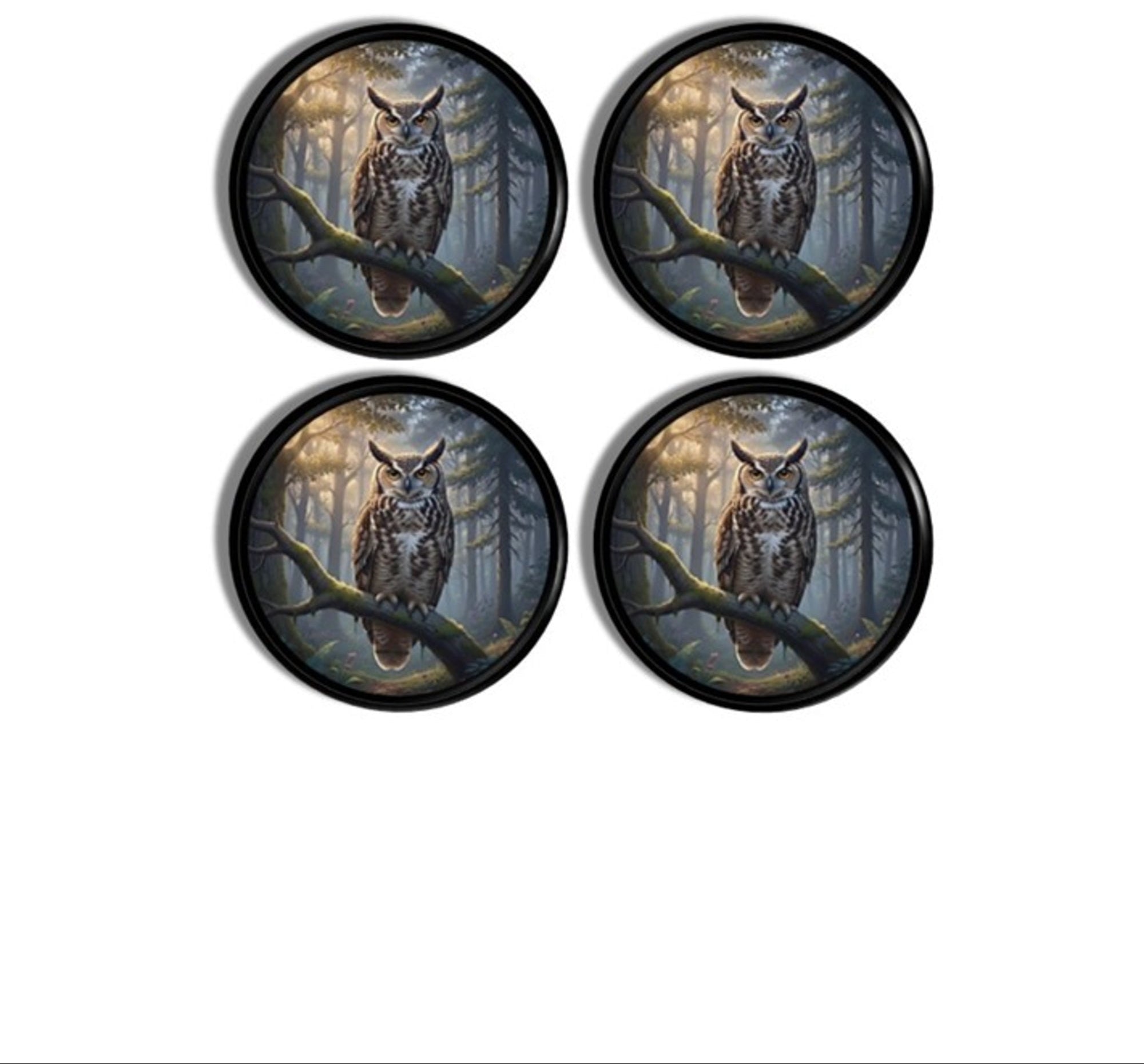 Unique woodland‑inspired cabinet knobs featuring a great horned owl perched on a forest branch with warm filtered light, perfect for cabin, lodge, and nature‑rustic décor