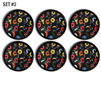 6 Rock n roll theme cabinet knobs decorated in colorful red, yellow, blue and orange vinyl records. Retro 1950s jukebox style 45s .
