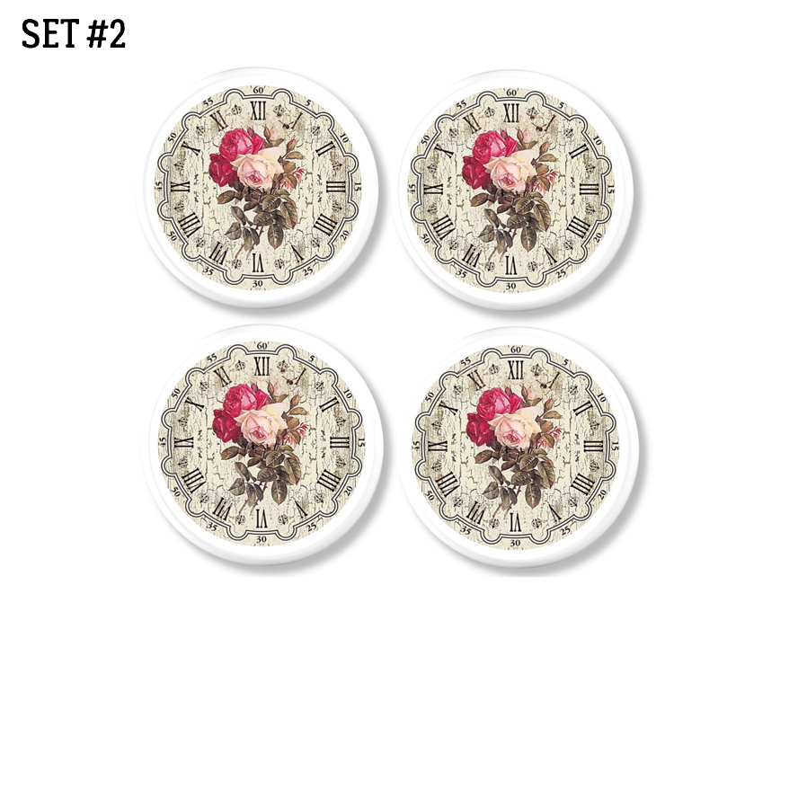 Four piece replacement furniture drawer pull set. Handmade Victorian floral clock face knobs for French Country or antique home decor.