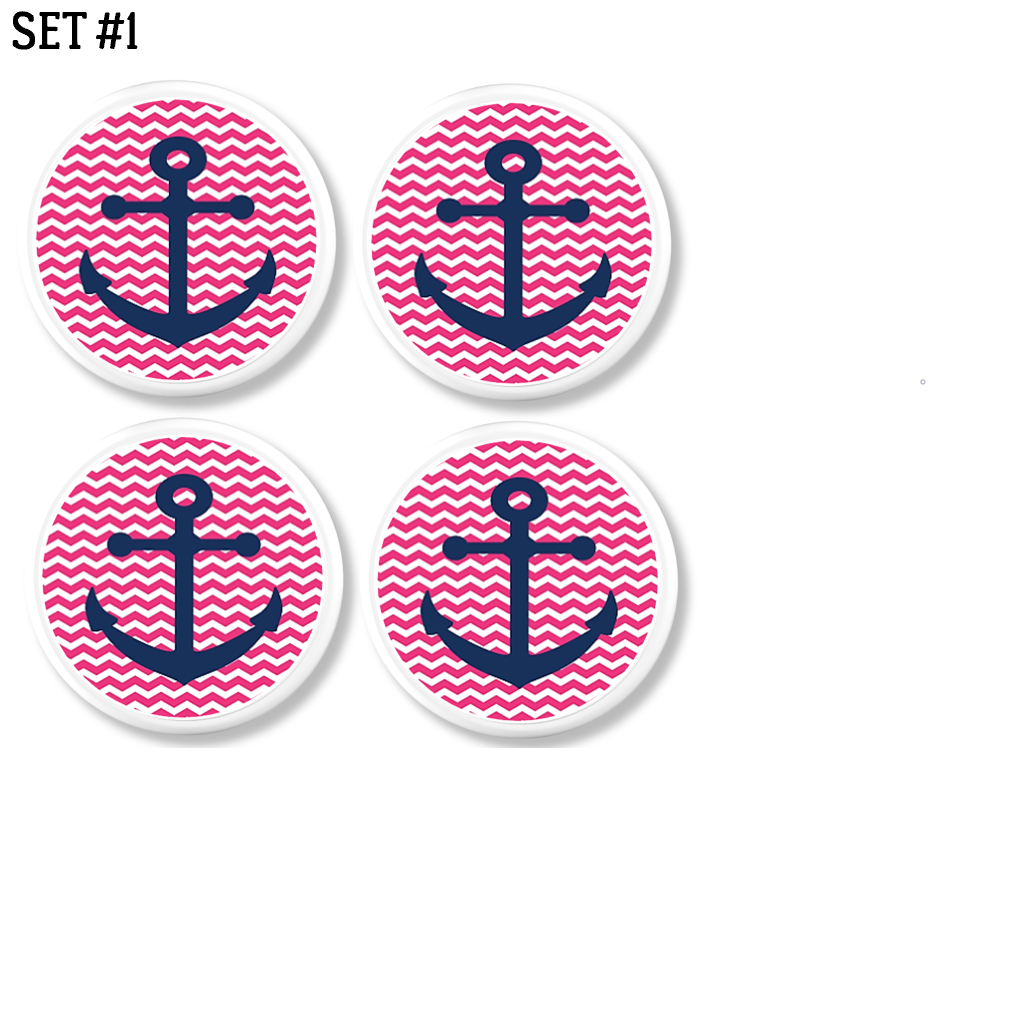 Hot pink chevron cabinet door pulls with ship&#39;s anchor. Replacement knobs for whimsical beach house accent to furniture.