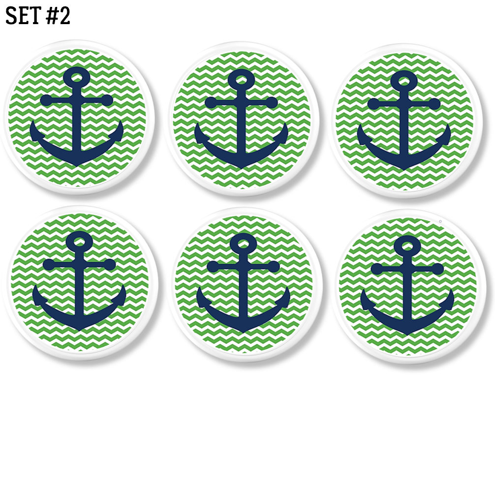 Children&#39;s dresser knobs hand decorated with cheerful green zigzag wave chevron print with classic navy blue anchor. Suitable for coastal cottage bathroom cabinets and storage.