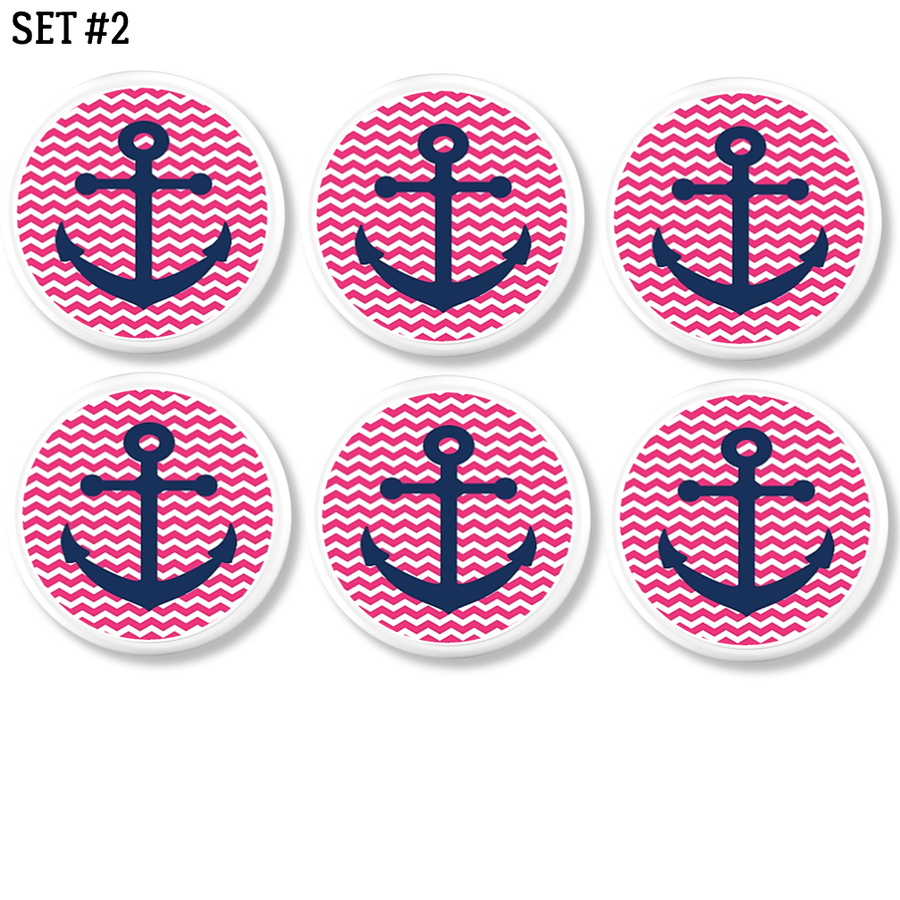 Young girl or baby nursery cabinet and drawer pull hardware set. Six knobs in bright pink and white chevron with navy blue boat anchor accent.