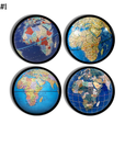 Four piece knob collection in traditional classroom and collectible globes featuring colorful maps of Africa.
