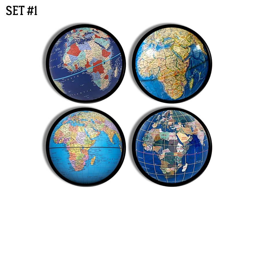 Four piece knob collection in traditional classroom and collectible globes featuring colorful maps of Africa.