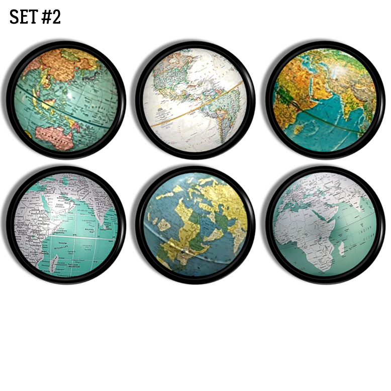 Eclectic blue green globe knobs featuring seven world continents: Africa, Antarctica, Asia, Australia/Oceania, Europe, North America, and South America.