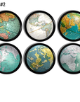 Eclectic blue green globe knobs featuring seven world continents: Africa, Antarctica, Asia, Australia/Oceania, Europe, North America, and South America.