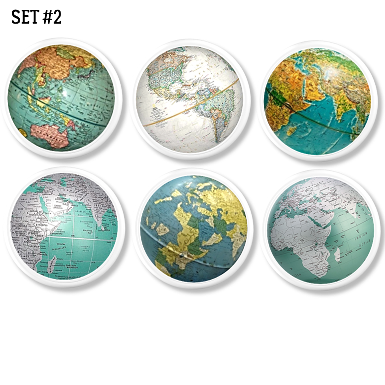 6 piece antique globe handmade knob set in light blue, pale green and turquoise. Made on white base knob. Wanderlust travel baby nursery furniture hardware.