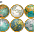 World globe cabinet and drawer pulls featuring North America, South America and Africa maps in blue, teal, turquoise, silver and white. Made on natural wood knob.