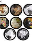 Unique decorative hardware for masculine home office, study or library. Vintage globes with dark earthy colored maps on black knob.
