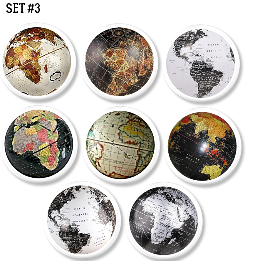 8 Handmade furniture drawer pulls decorated in an eclectic variety of collectible world globes. The perfect balence of dark moody and light minimal for a subtle geography decor aesthetic. Made on a white knob.
