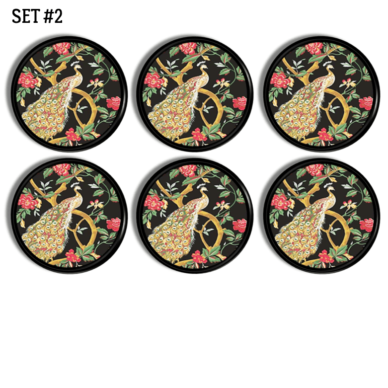 Handmade dresser drawer pull set decorated with gold peacock in tree asian art on black knob with red and green floral accents.