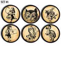 Handmade dresser knobs with Alice in Wonderland character illustrations in black on vintage looking beige parchment background.