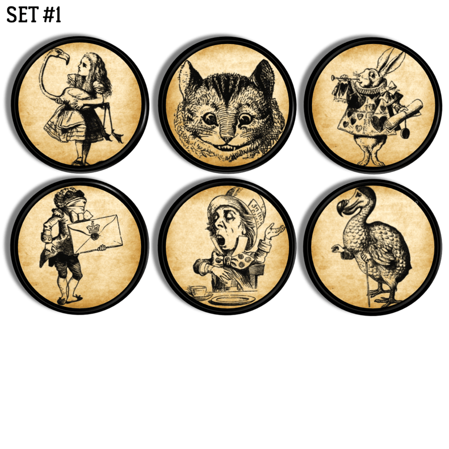 Handmade dresser knobs with Alice in Wonderland character illustrations in black on vintage looking beige parchment background.