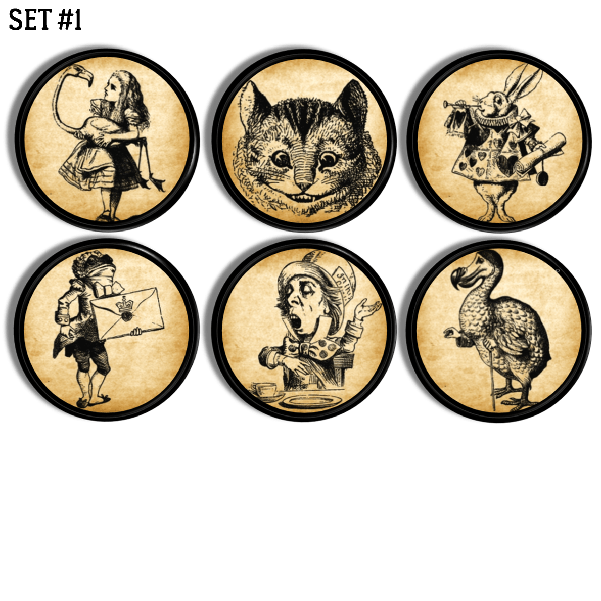 Six Alice in Wonderland cabinet knobs featuring vintage book‑illustration characters on aged parchment backgrounds, including Alice, the Cheshire Cat, the White Rabbit, the Mad Hatter, and other classic storybook figures.
