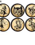 Six Alice in Wonderland cabinet knobs featuring vintage book‑illustration characters on aged parchment backgrounds, including Alice, the Cheshire Cat, the White Rabbit, the Mad Hatter, and other classic storybook figures.