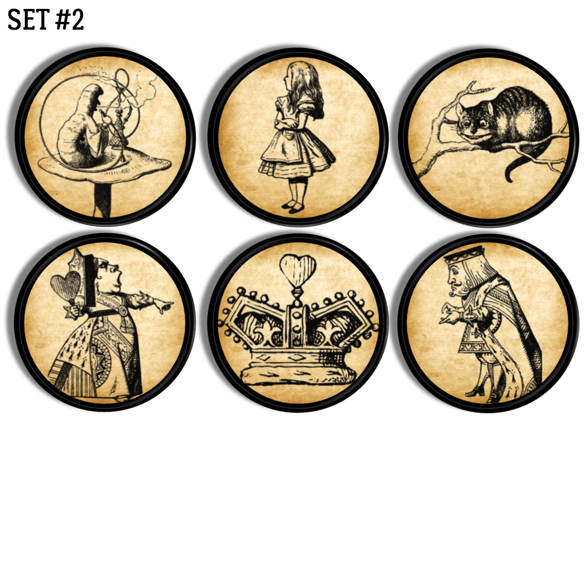 Six Alice in Wonderland themed cabinet knobs and drawer pulls with vintage storybook illustrations on aged parchment backgrounds, featuring the Caterpillar, Alice, the Cheshire Cat, the Queen of Hearts, a royal crown, and the King of Hearts.