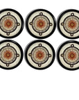 Decorative celestial drawer pulls with mayan tribal print sundial calendar. Earthy knobs in bone, rust, brown and black.