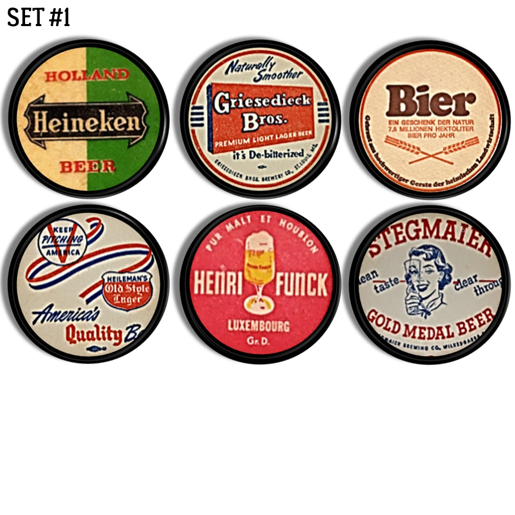 Handmade bar cabinet hardware in decorative vintage beer labels. 