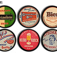 Handmade bar cabinet hardware in decorative vintage beer labels. 