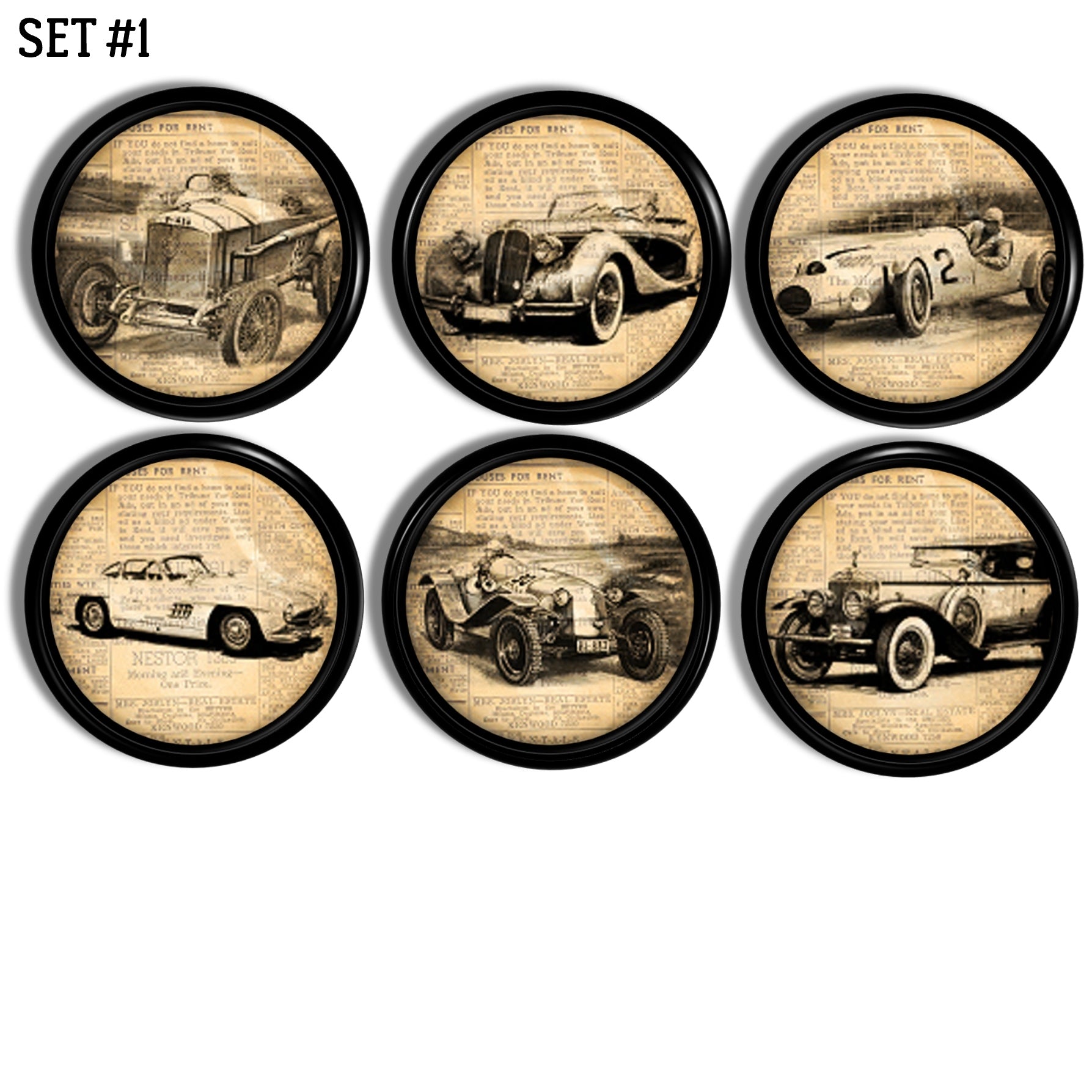Handmade dresser pulls with antique cars in black on an aged newsprint background. Vintage mancave cabinet and drawer storage and organization hardware.