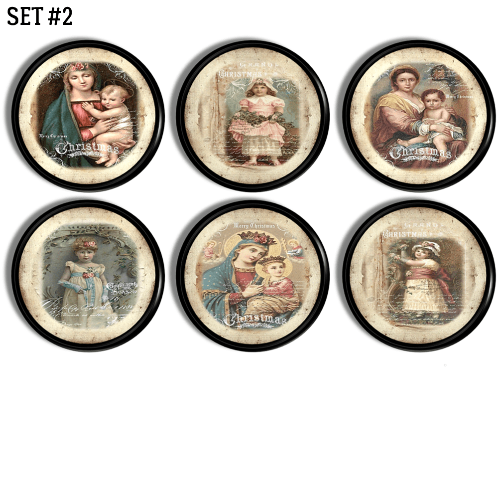 Six‑piece Victorian Christmas cabinet knob set featuring antique Christian holiday portraits, angelic artwork, and nostalgic vintage religious art