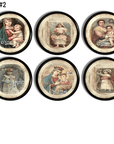 Six‑piece Victorian Christmas cabinet knob set featuring antique Christian holiday portraits, angelic artwork, and nostalgic vintage religious art
