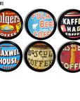 Antique farmhouse kitchen cabinet knobs in old coffee brands like Folgers, Maxwell House and Hills Brothers.