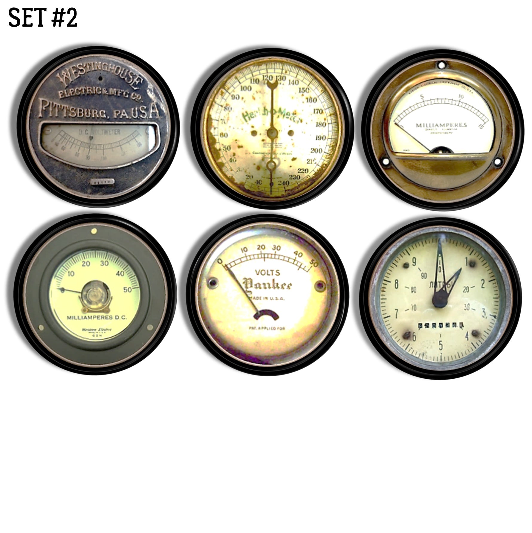 Set of 6 handmade cabinet and furniture knobs decorated in antique fuel &amp; steam gauges. 