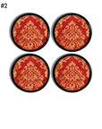 4 cabinet knobs in a gold leafy floral damask print on dark red. Victorain drawer pulls for bedroom, bathroom or office.