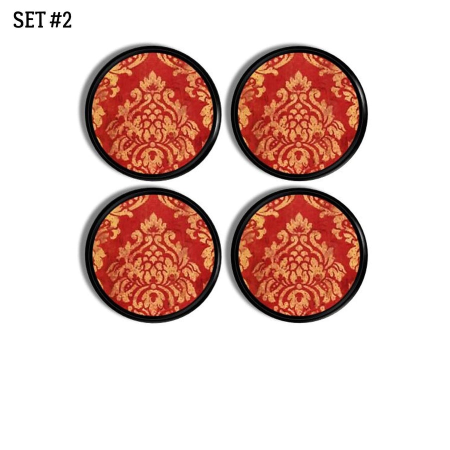 4 cabinet knobs in a gold leafy floral damask print on dark red. Victorain drawer pulls for bedroom, bathroom or office.