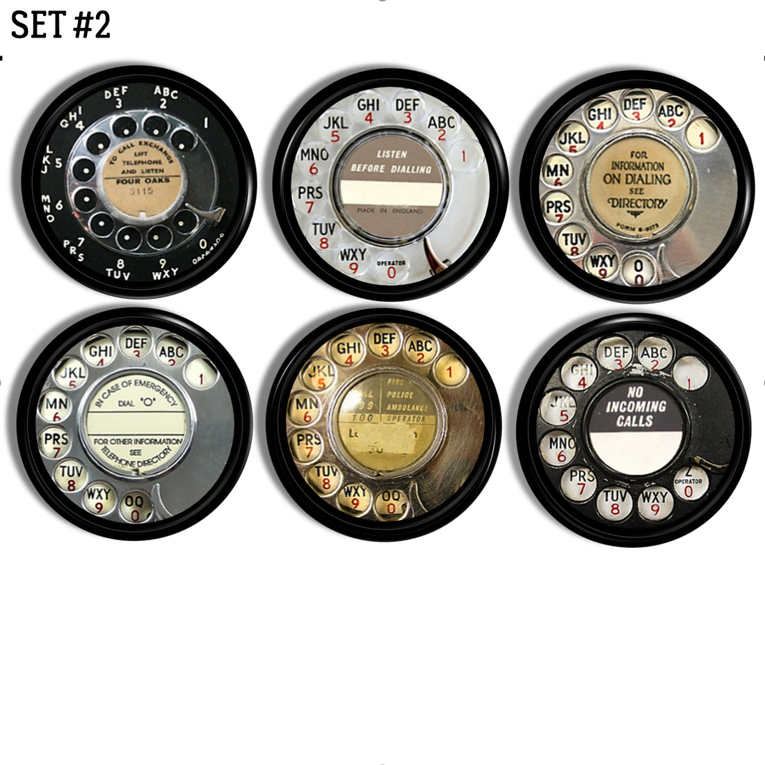 Set of 6 decorative cabinet and drawer knobs in vintage telephone dials for home and office.