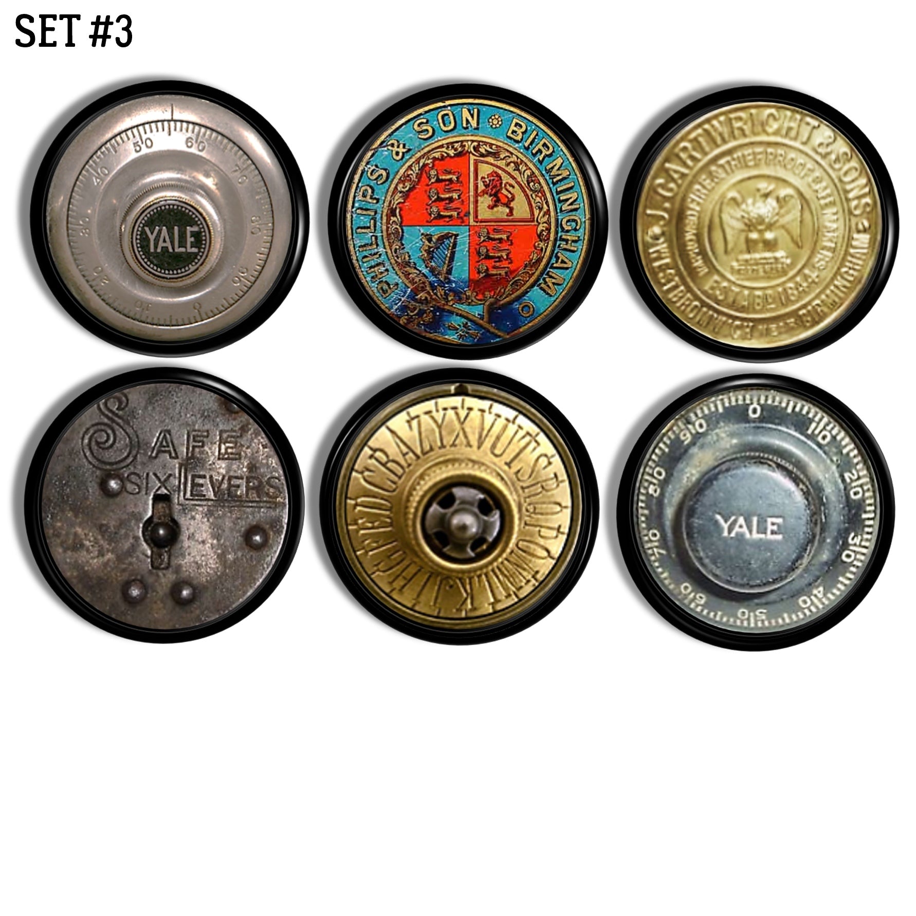 Antique safe dial cabinet knobs with vintage mechanical graphics and brass‑inspired detailing, ideal for masculine home offices, industrial shelving, workshop cabinetry, and distinctive furniture accents
