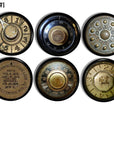 Antique Safe Dial Handmade Cabinet Knobs decorated with combination locks, key hole plates and company name plaques. 