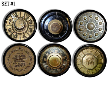 Antique Safe Dial Handmade Cabinet Knobs decorated with combination locks, key hole plates and company name plaques. 