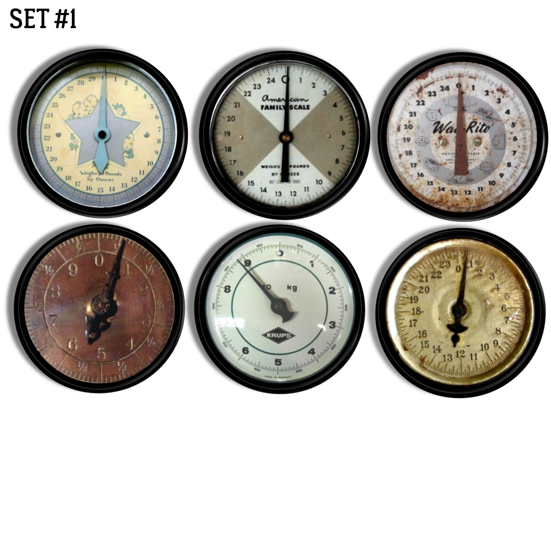 Six handmade cabinet knobs featuring antique kitchen scale dial designs on a black knob base, with aged typography, rusted appliance graphics, and vintage measurement motifs — ideal for farmhouse kitchens, general store hutches, or rustic pantries.