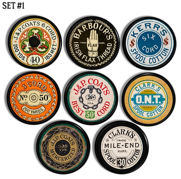 8 piece knob set for furniture, storage bins or peg hooks decorated with vintage sewing thread spool labels.