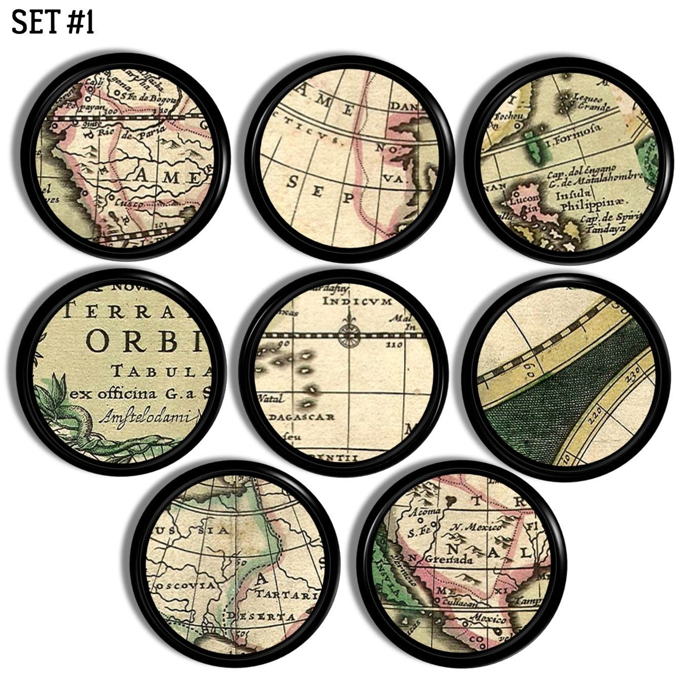 Eight handcrafted cabinet knobs featuring antique world map fragments on a black base, highlighting aged coastlines, Latin place names, and parchment‑style cartography for travel‑inspired or nautical décor.