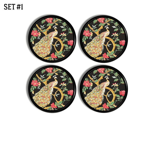 Four handcrafted cabinet knobs featuring a golden peacock with red blossoms and green foliage on a black background, inspired by classic Asian decorative art.
