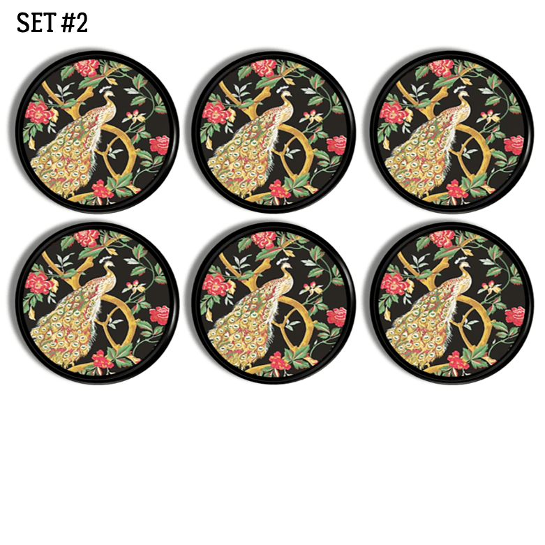 Six handcrafted cabinet knobs featuring a golden peacock with red blossoms and green leaves on a black background, inspired by traditional Asian floral art.