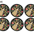 Six handcrafted cabinet knobs featuring a golden peacock with red blossoms and green leaves on a black background, inspired by traditional Asian floral art.