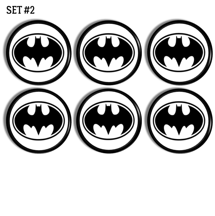 set of six black white batman theme dresser drawer pulls. Kids superhero bedroom decor.