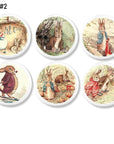 6 Handmade Peter Rabbit and animal friends dresser drawer knobs, white cabinet door pulls decorated in Beatrix Potter storybook illustrations.