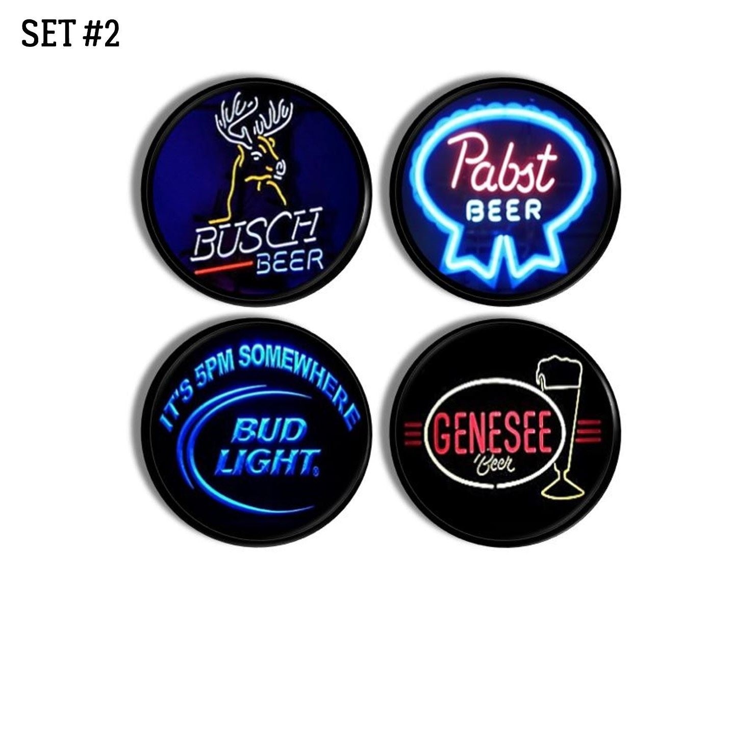 4 piece drawer pull set in a pub theme. Decorative cabinet knobs in Busch, Bud Lite, PBR and Genesee beer labels.