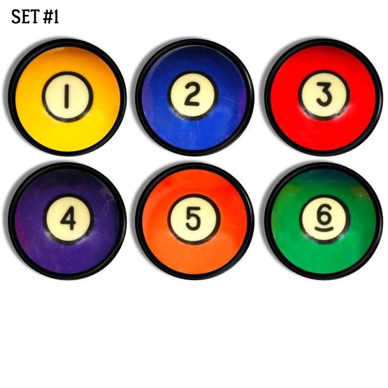 Cabinet knob set featuring solid billiard ball theme in bold primary colors — numbers 1 through 6.