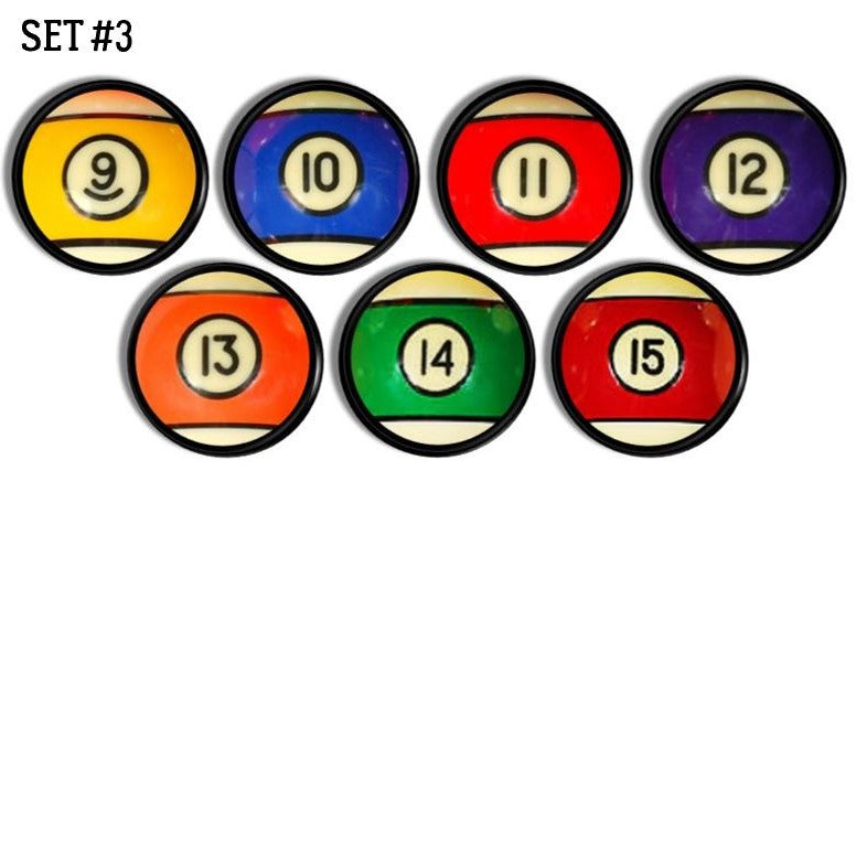 Handmade cabinet knob and drawer pull set inspired by striped billiard balls in vibrant colors — numbers 9 through 15.

