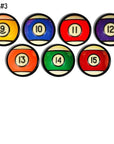 Handmade cabinet knob and drawer pull set inspired by striped billiard balls in vibrant colors — numbers 9 through 15.

